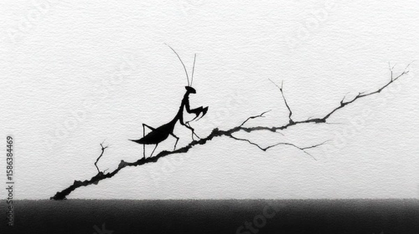 Fototapeta   Black-and-white image of a mantis on a tree branch with a mantis dangling