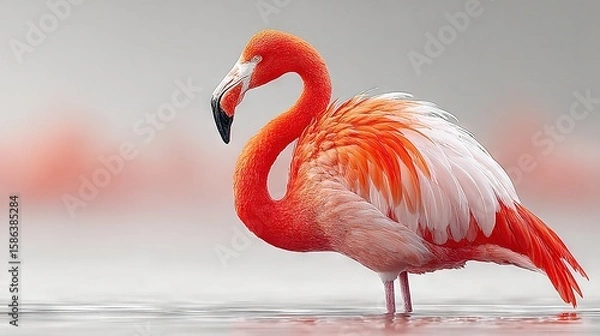 Fototapeta   A flamingo stands on a body of water with its head turned to the side