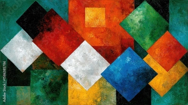 Fototapeta   A painting of colorful squares and rectangles on a green background