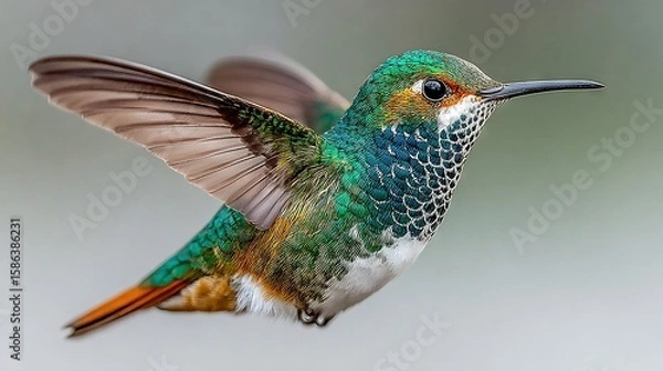Fototapeta   Hummingbirds are renowned for their incredible speed and agility One such creature is captured in this image, as it gracefully flies through the sky Its wings are outstretched
