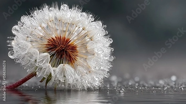 Fototapeta   A close-up of a dandelion floating on water with droplets