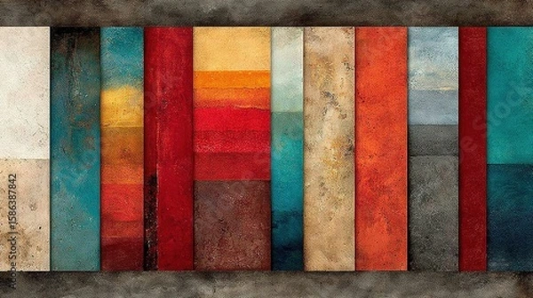 Fototapeta   A painting with a multicolored stripe in a brown frame features oranges, blues, yellows, reds, greens, and browns