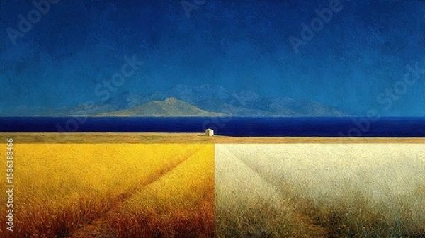 Fototapeta   A vibrant yellow field dominates the canvas, framed by a mesmerizing blue sky above and a majestic mountain range fades into the horizon