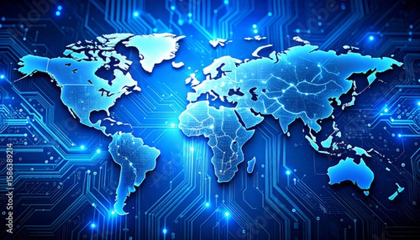 Fototapeta Digital World Map: A stylized digital representation of the world map, featuring intricate circuitry and glowing lights, evoking themes of global connectivity, technological advancement.