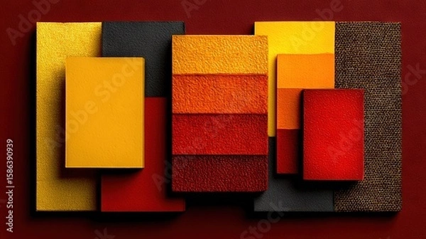 Fototapeta   A close-up of colorful artwork against a red backdrop features red, orange, yellow, and black squares