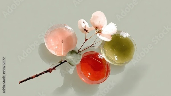 Fototapeta   A pair of vases with flowers inside on a white background, featuring a flower shadow on one vase's side