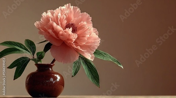 Fototapeta   A close-up of a vase with a brown wall in the background and a pink flower in the middle