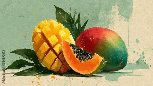 Fototapeta  Watercolor mango and pineapple on green background with splashed paint