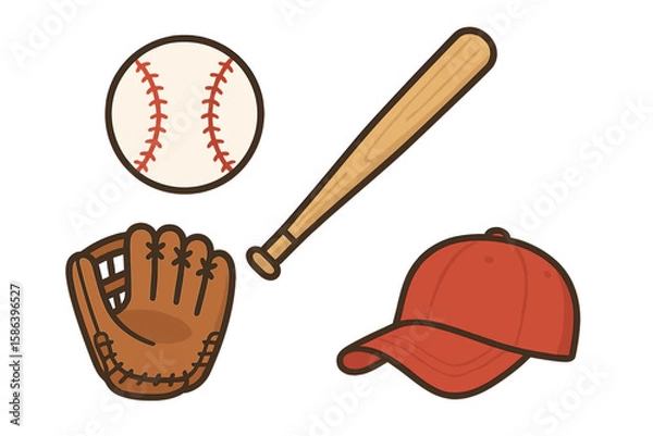 Fototapeta Baseball equipment vector icon set. Collection of sports elements including ball, wooden bat, leather glove, and red cap. Game gear illustration isolated on background.