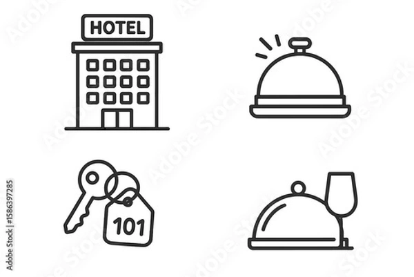 Fototapeta Hotel Service Line Icons Set. Modern Linear Vector Illustrations of Hotel Building, Reception Bell, Room Key, Room Service Tray, Hospitality Symbols for Web, App, Booking, Travel, Editable Stroke