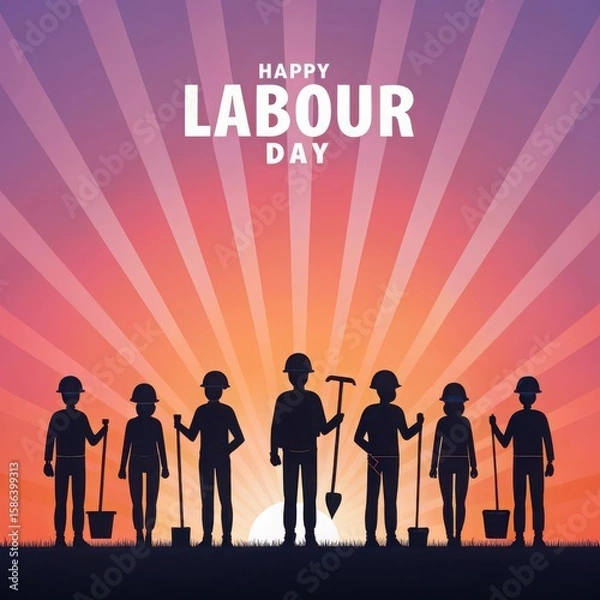 Obraz Happy labour day silhouette of workers with tools against a sunrise sky