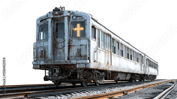 Fototapeta Dilapidated Subway Car with Glowing Cross Symbol on Transparent Background Transportation Concept
