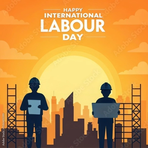 Obraz Happy international labour day with construction workers and city skyline