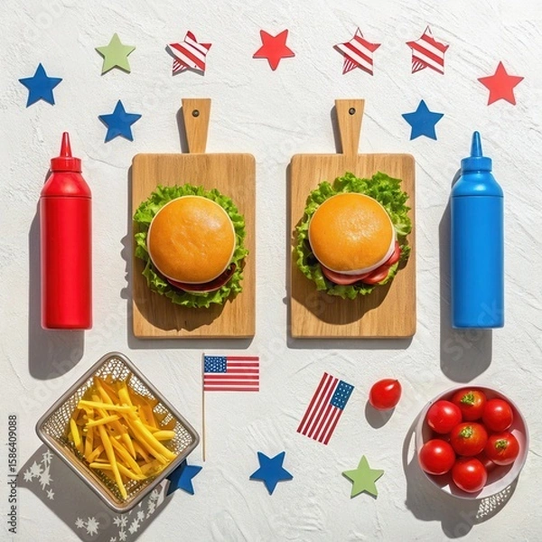 Obraz Two delicious american themed burgers with fries and condiments