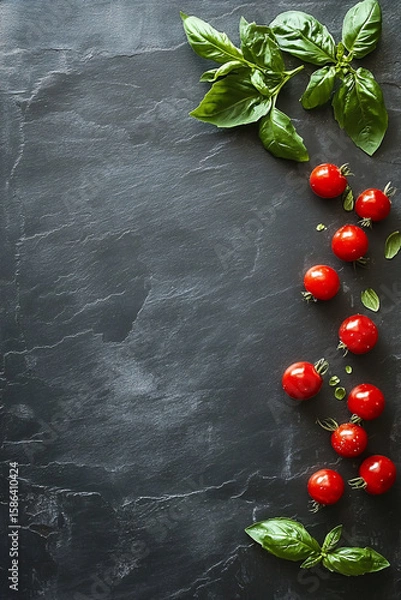 Obraz Fresh Tomatoes and Basil on Dark Slate for Food Photography Background