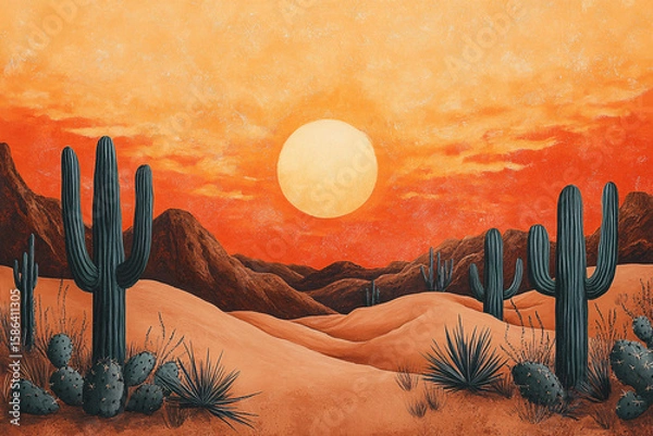 Obraz Dramatic Desert Sunset Landscape Painting with Cacti and Mountains