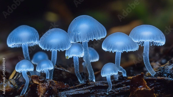 Obraz Mystical Blue Glowing Mushrooms in Dark Forest Macro Photography
