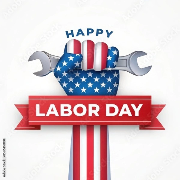 Obraz Happy labor day fist holding wrench with american flag design