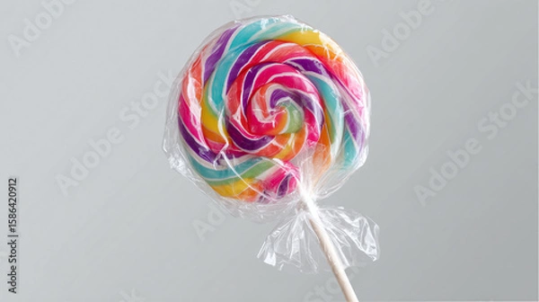 Fototapeta Wrapped lollipop with swirl pattern and transparent plastic wrapper, festive and fun, transparent background