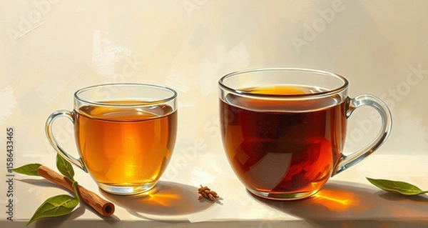 Fototapeta A classic oil painting of tea, rendered in soft dreamy light with hazy atmosphere, rich textures and visible brushstrokes, showcasing a soft palette.