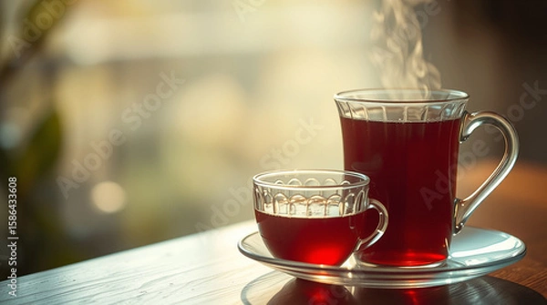 Fototapeta A photograph of tea with a soft cinematic haze, employing soft light and focus, creating a dreamy atmosphere with a hazy background