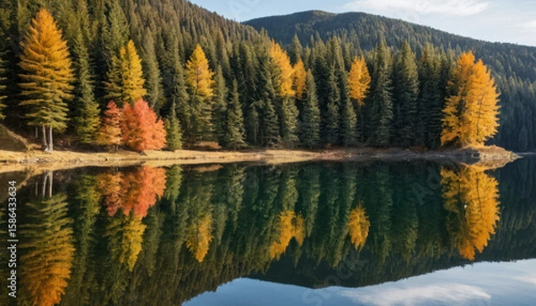 Fototapeta Autumn trees with colorful foliage are reflected in the calm surface of a lake surrounded by a dense forest and mountains.