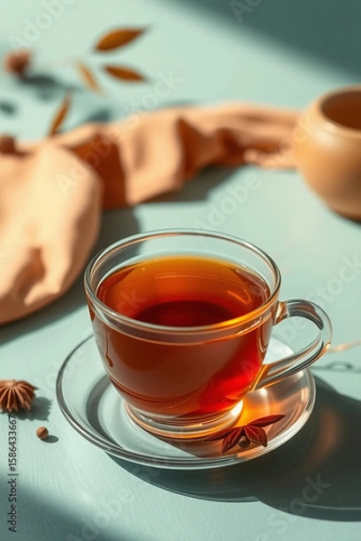 Fototapeta An image of tea with warm terracotta and cool teal tones, rendered in a gentle, soft light with diffused shadows and subtle illumination, emphasizing earthy and cool contrast