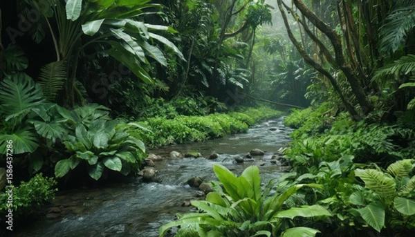 Fototapeta A lush, verdant rainforest scene features a flowing stream, surrounded by dense foliage.