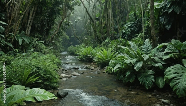 Fototapeta Lush tropical rainforest with a flowing creek, dense foliage, and misty atmosphere.