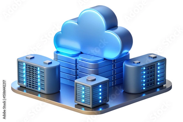 Fototapeta A digital illustration of a cloud computing setup with servers and a cloud on a platform surface on transparent background