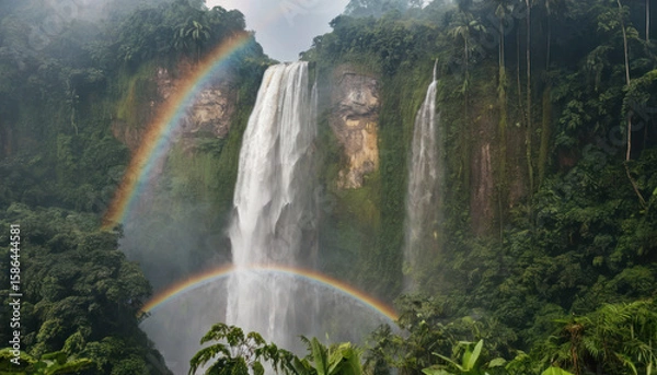 Fototapeta Majestic waterfall cascading down rocky cliffs, framed by lush rainforest and a double rainbow.