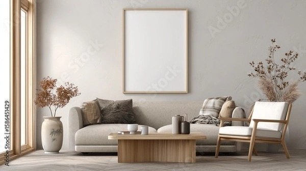 Fototapeta Minimalist Frame Mockup ISO A-Series Paper. Modern Scandinavian Interior Design. Interior Frame Mockup with Home Background	