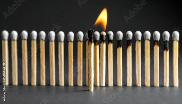 Obraz Single burning match in a row