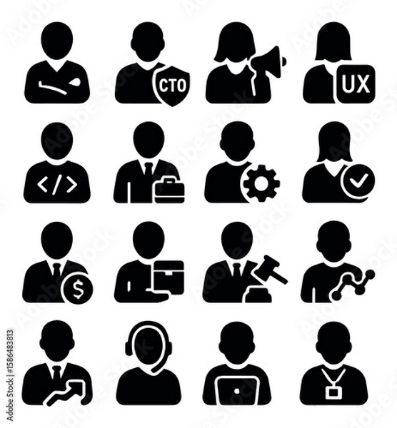 Fototapeta Team role icon collection. business team silhouette icons. developer, manager, cto, ux, engineer, analyst
