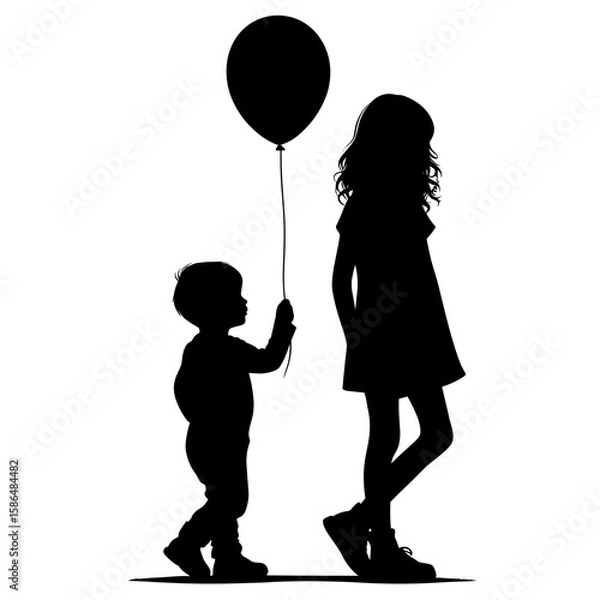 Obraz Silhouette of a small boy holding a balloon standing behind an older girl, calm mood, side view against white background with copy space