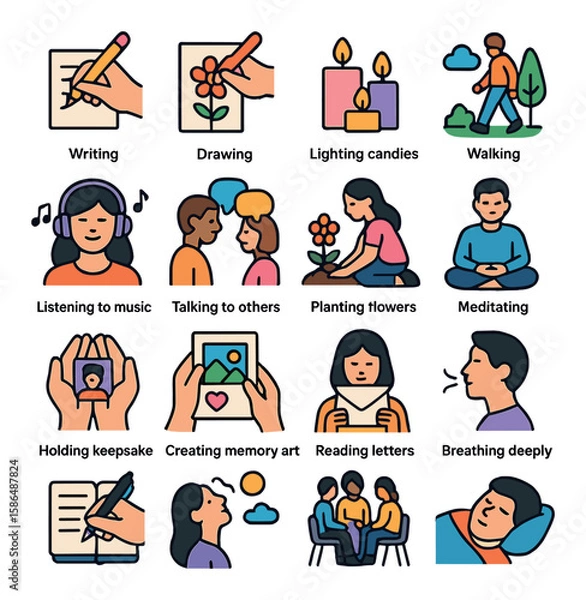 Fototapeta Healing activity icon collection. simple compose icons: writing, drawing, meditation, wellness