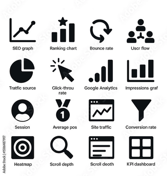 Fototapeta Analytics icon collection: seo graph, ranking, user flow, kpi dashboard, silhouette