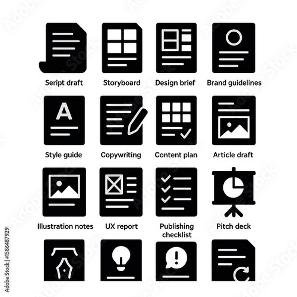 Fototapeta Creative documentation icon collection: simple linear icons for draft, design brief, storyboard, guidelines,