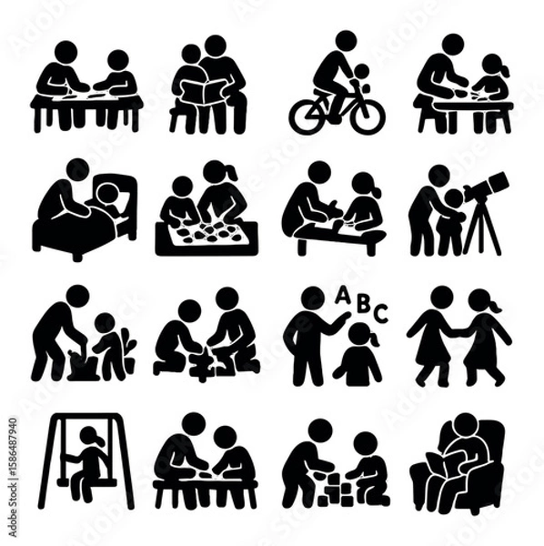 Fototapeta Parent-child activity icon collection: silhouette style for play, reading, teaching, cycling, and more
