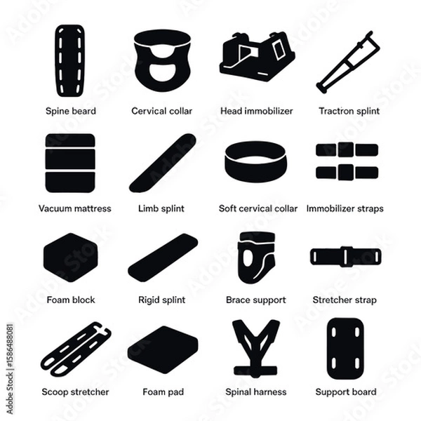 Obraz Emergency equipment icon collection. simple silhouette icons: spine board, cervical collar, splint, immobilizer, harness, support board