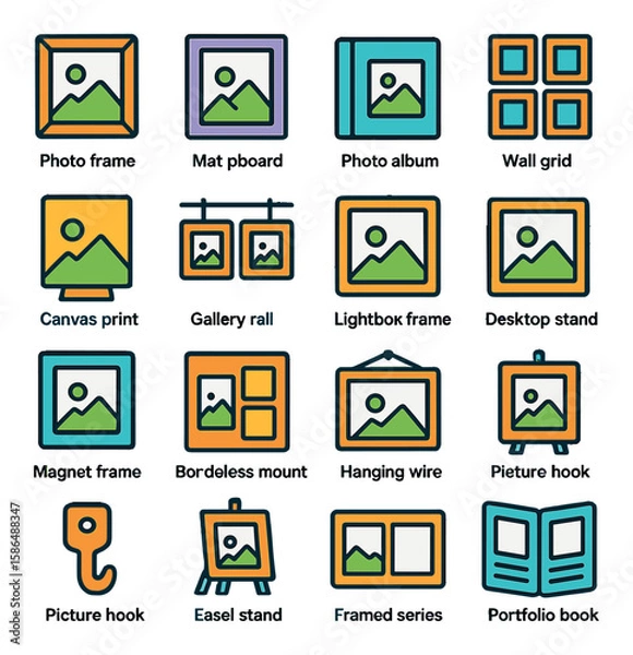Fototapeta Framing display icon collection. simple wall, photo frame, album, grid, hanging, book