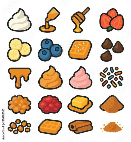 Fototapeta Waffle toppings icon collection. sweet and simple flat icons: cream, syrup, honey, berries, butter