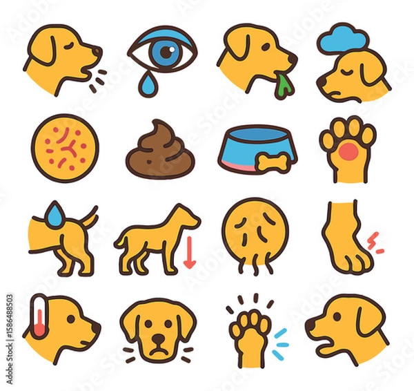 Obraz Dog health icon collection. simple canine health flat icons: vomiting, eye, paw, food, flea, ear, poop