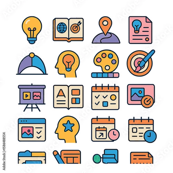 Fototapeta Creative project icon collection. simple compose flaticon. lightbulb, target, calendar, palette, map, presentation
