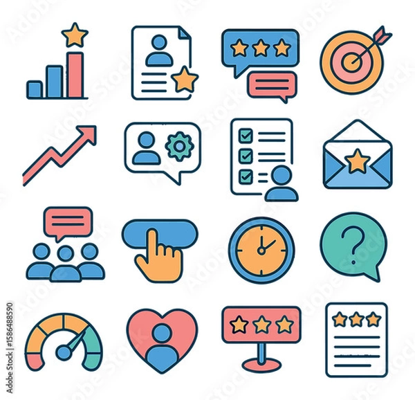 Fototapeta Employee feedback icon collection: simple linear style. chart, star, chat, document, heart, arrow, target