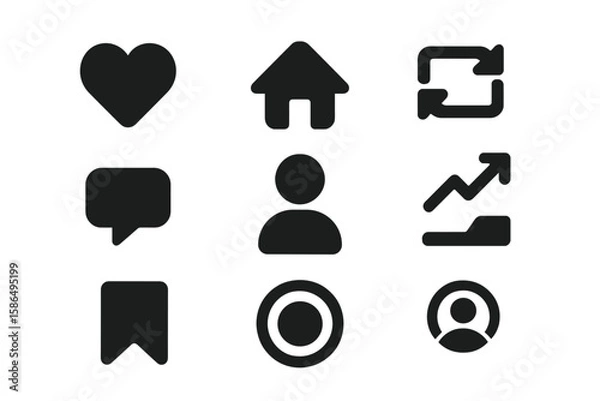 Obraz Heart Like Love Home Repost Comment Follower Share Save User Story Button Icon Set. Social Media Notification UI Vector. Modern Black Symbol Collection for Web and App Isolated Transparent