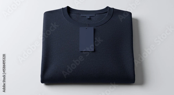 Obraz Folded navy blue sweater with tags on white background