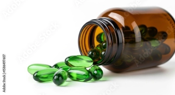 Fototapeta Green gel capsules spill from an amber bottle isolated on white background