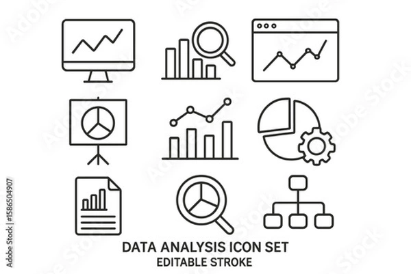 Obraz Data analysis and statistics thin line icon set. Business analytics and research vector icons. Editable stroke chart, graph, diagram, report for infographic design.