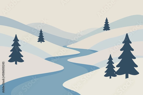 Fototapeta Serene Winter Landscape with Trees and Flowing River Illustration